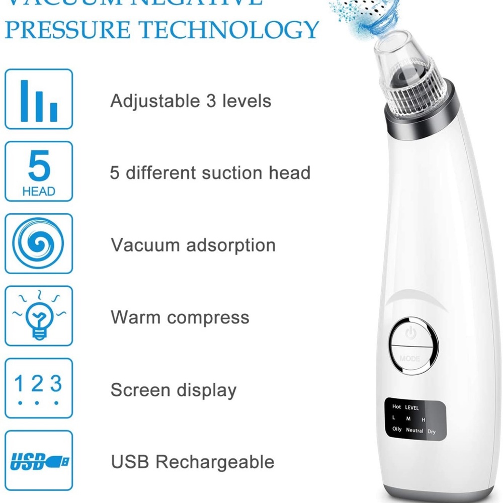 Blackhead Remover Pore Vacuum USB Rechargeable with 5 Suction Probes (White) - Picture 6 of 8